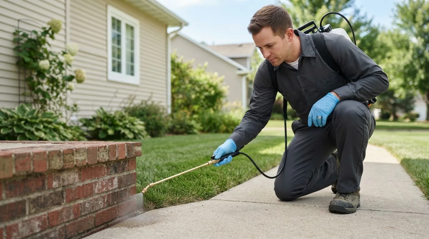 Pest control technician treating a home near Pewaukee, WI