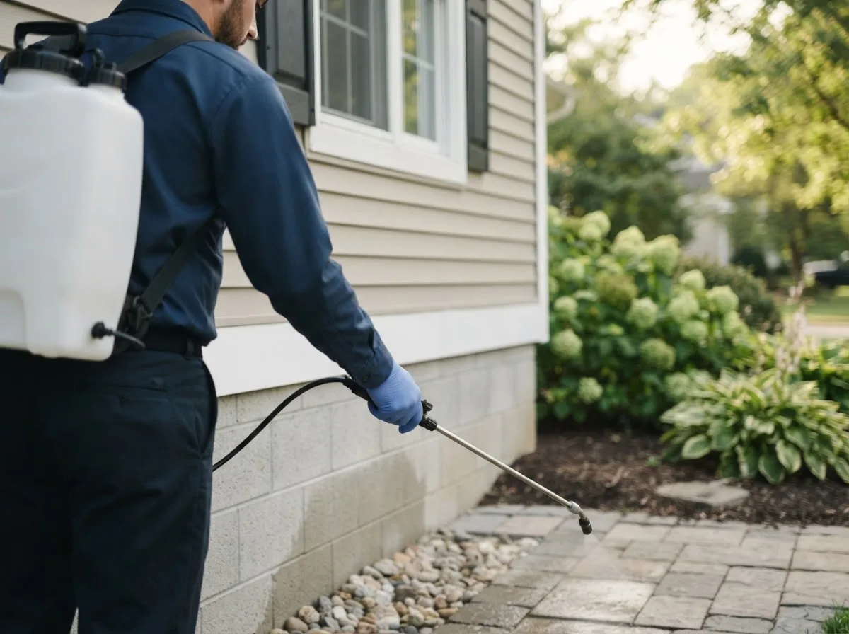 Pest control technician inspecting a home in Pewaukee, WI